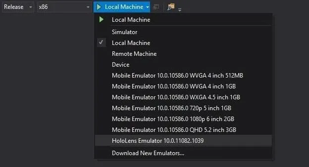 List of mobile emulators and options in a software development environment.