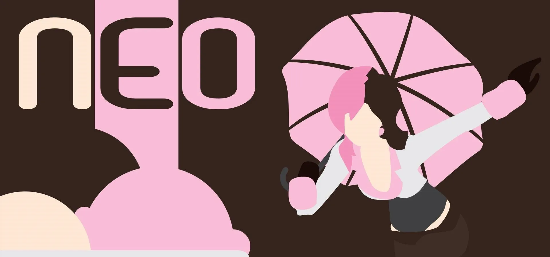 Woman with pink hair holding an umbrella in a stylized graphic design.