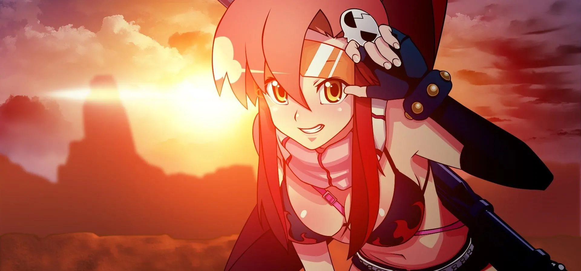 Anime character posing against a sunset background.