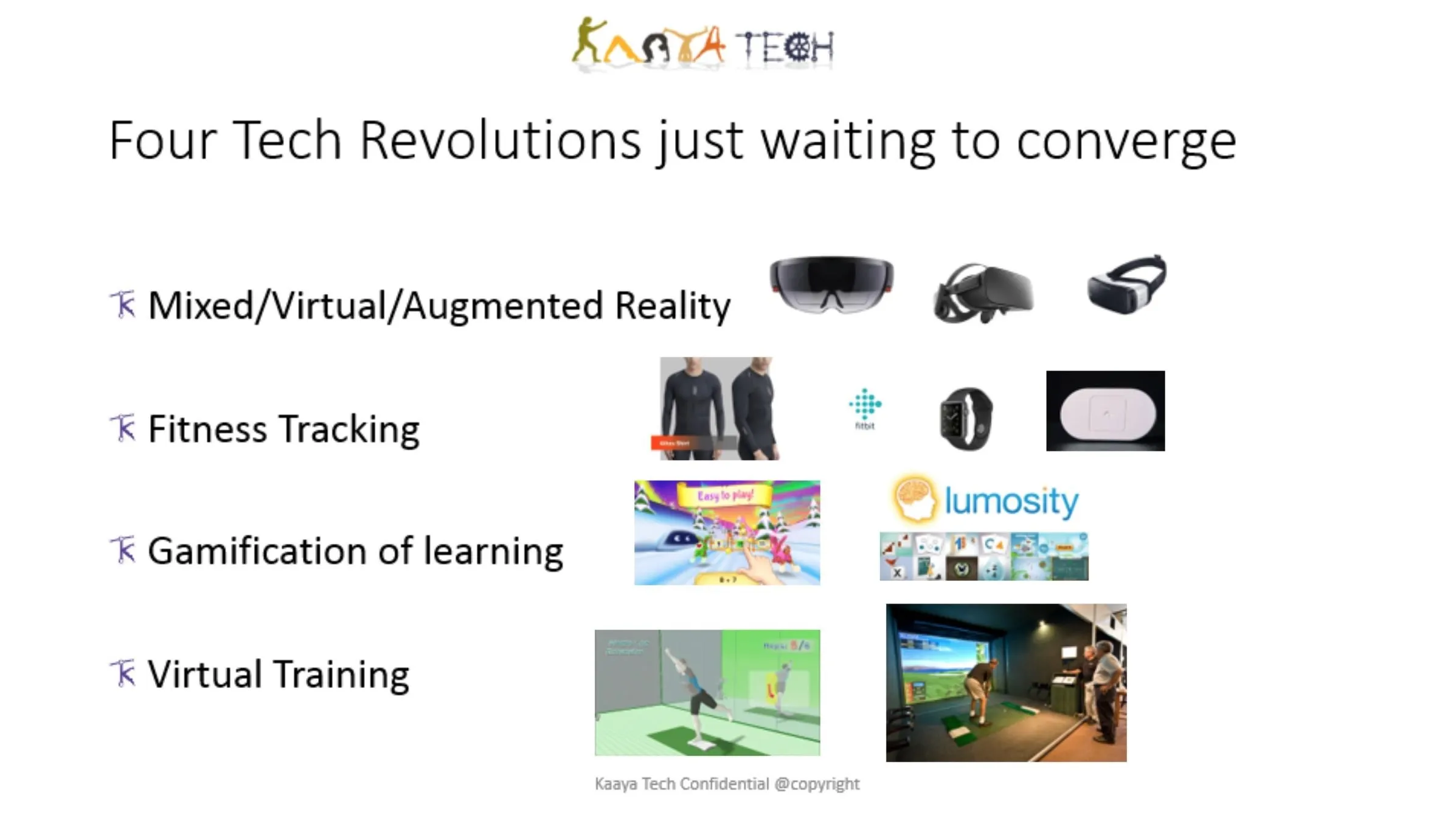 Four tech revolutions: Mixed/Virtual/Augmented Reality, Fitness Tracking, Gamification of Learning, Virtual Training.