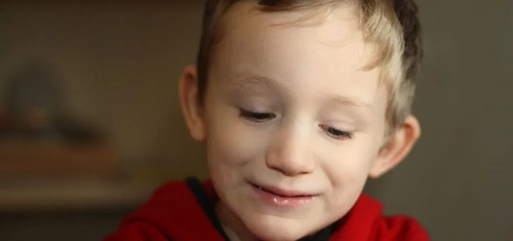 A smiling young boy in a red hoodie.