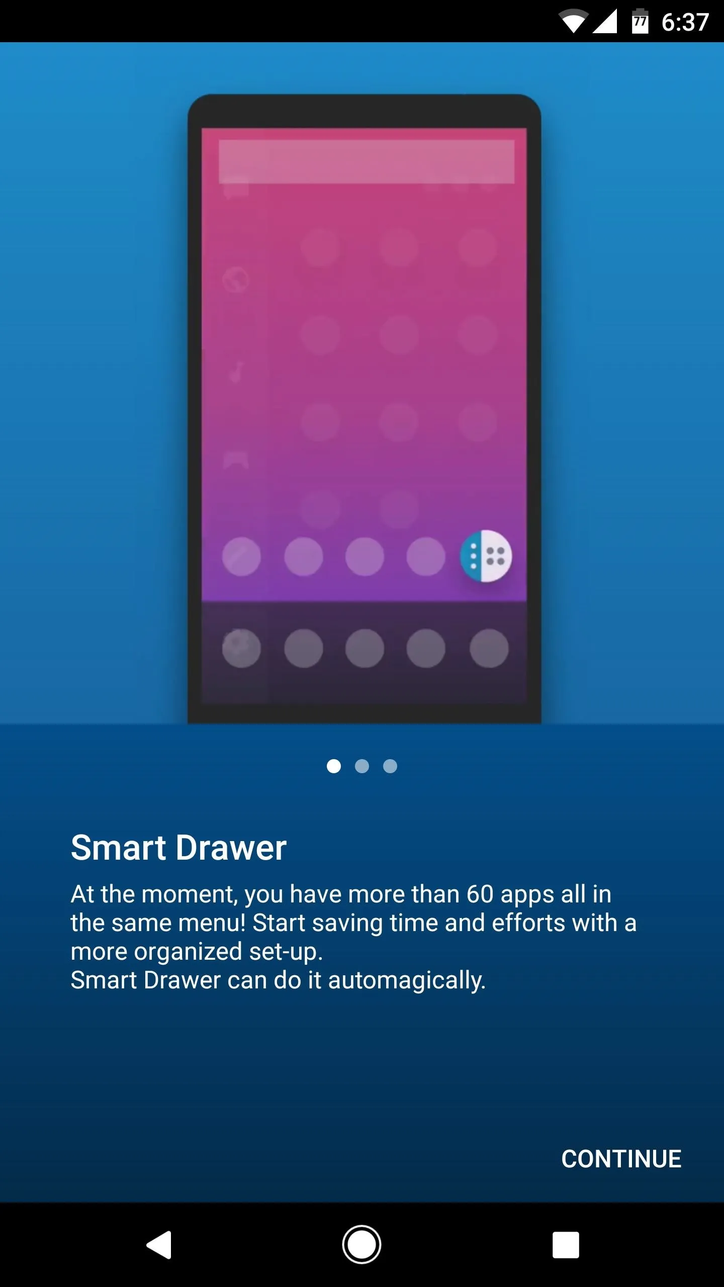 Smart Drawer interface displaying app features on a mobile device.