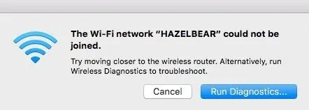 Wi-Fi connection error message for "HAZELBEAR" network.