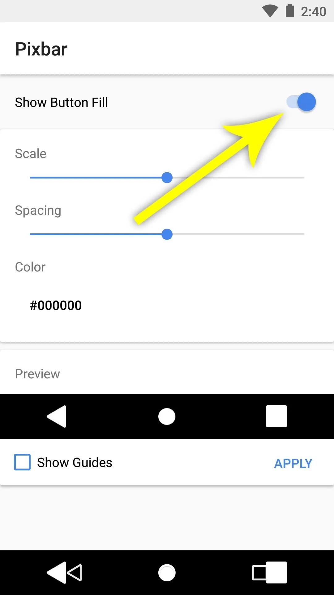 Settings adjustment screen with a highlighted "Glow Button" toggle and sliders for opacity, spinning, and color.