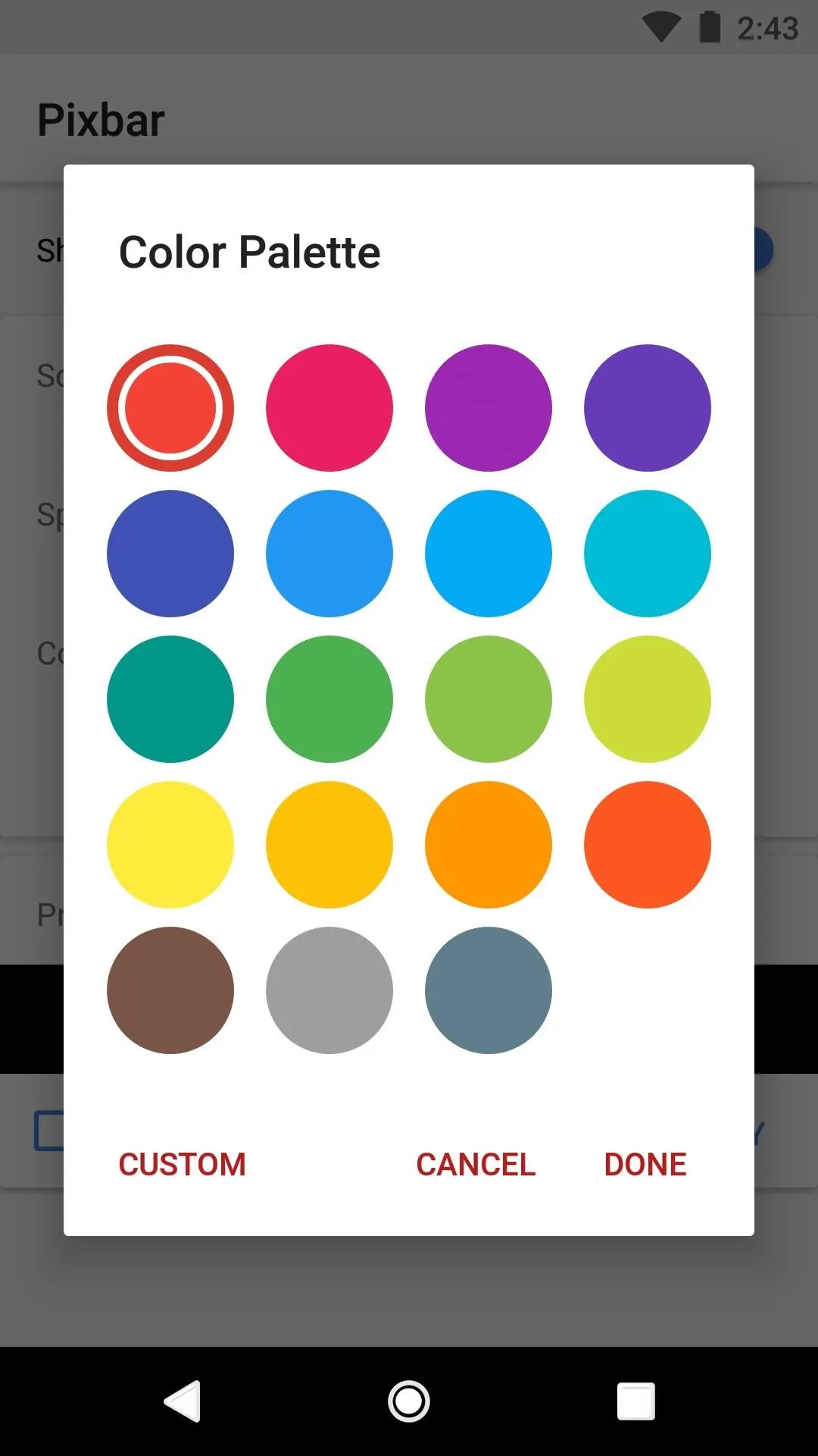 Color palette selection interface with various color options and buttons for custom, cancel, and done actions.