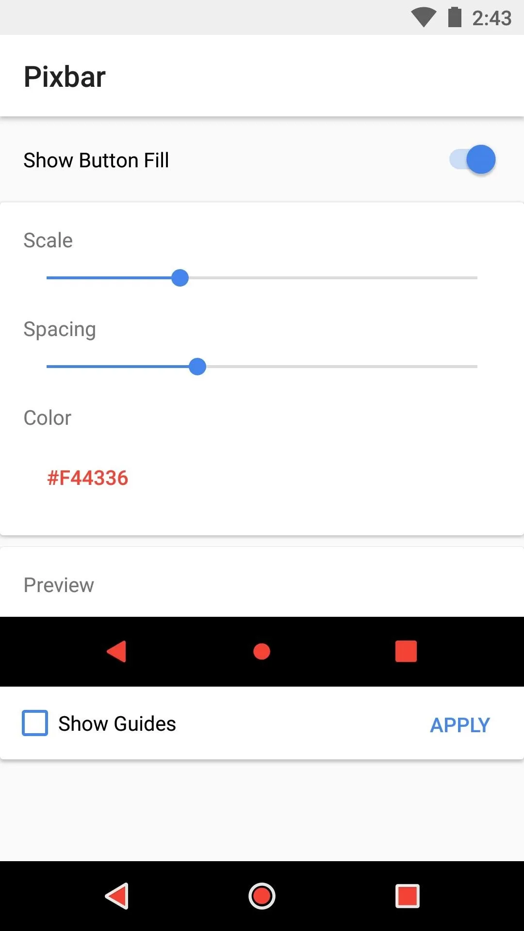 App interface showing settings for slider adjustments with options for scale, spinning, and color, along with an error message.