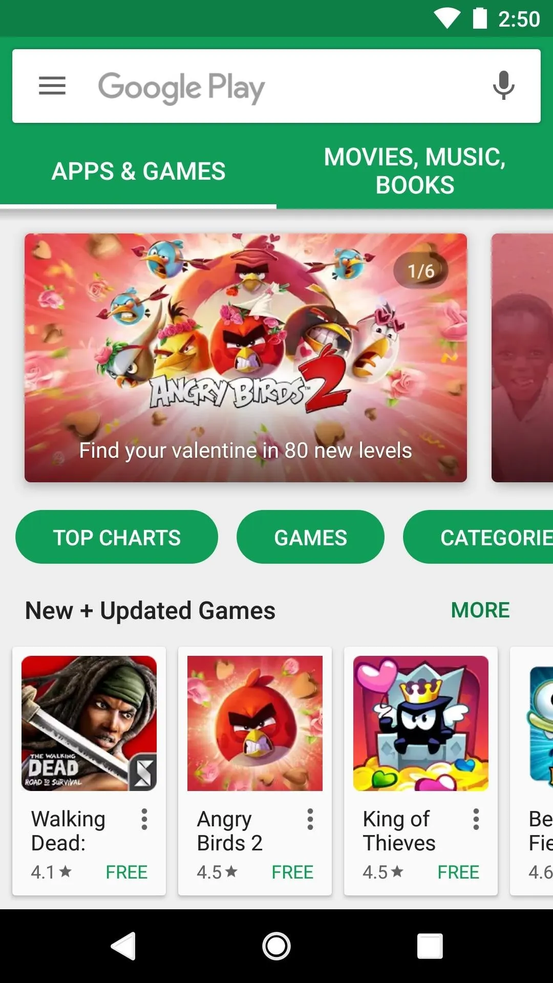 Google Play Store homepage featuring new and updated games.