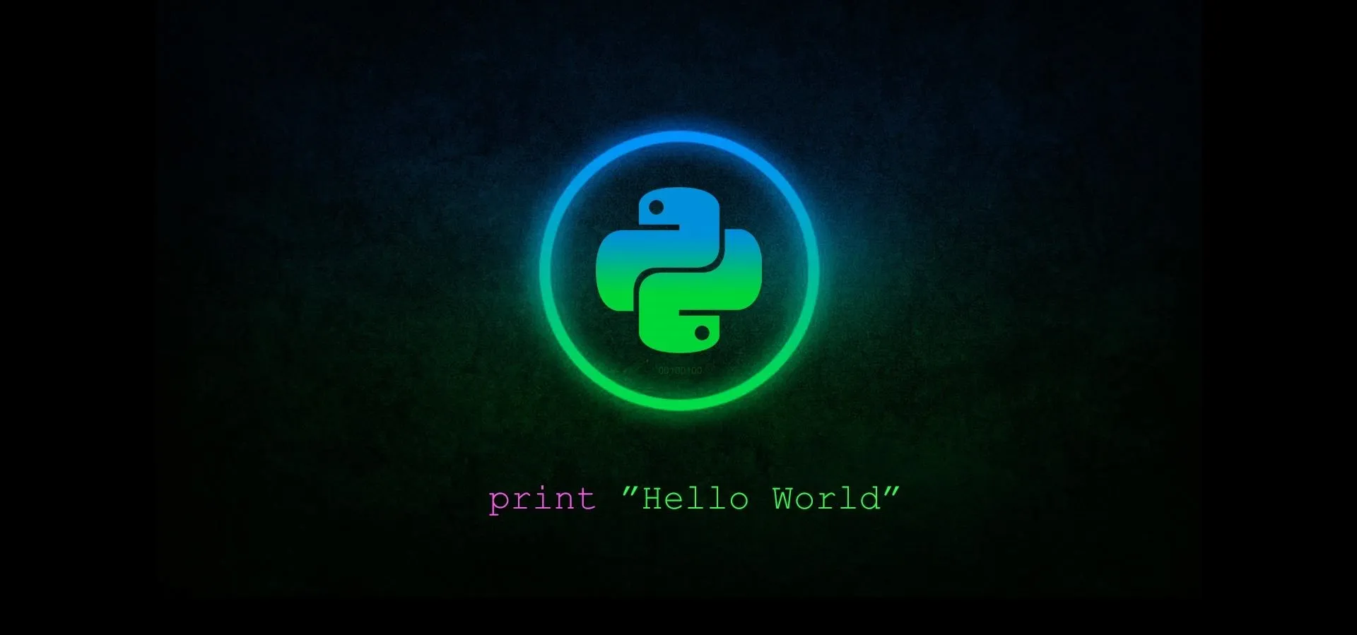 Python logo with the text "print('Hello World')" in colorful design.