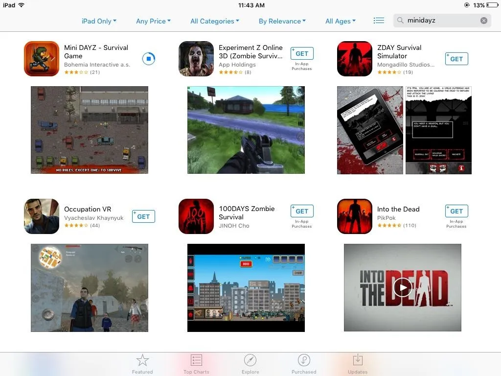 Gaming app interface showcasing various zombie-themed games.