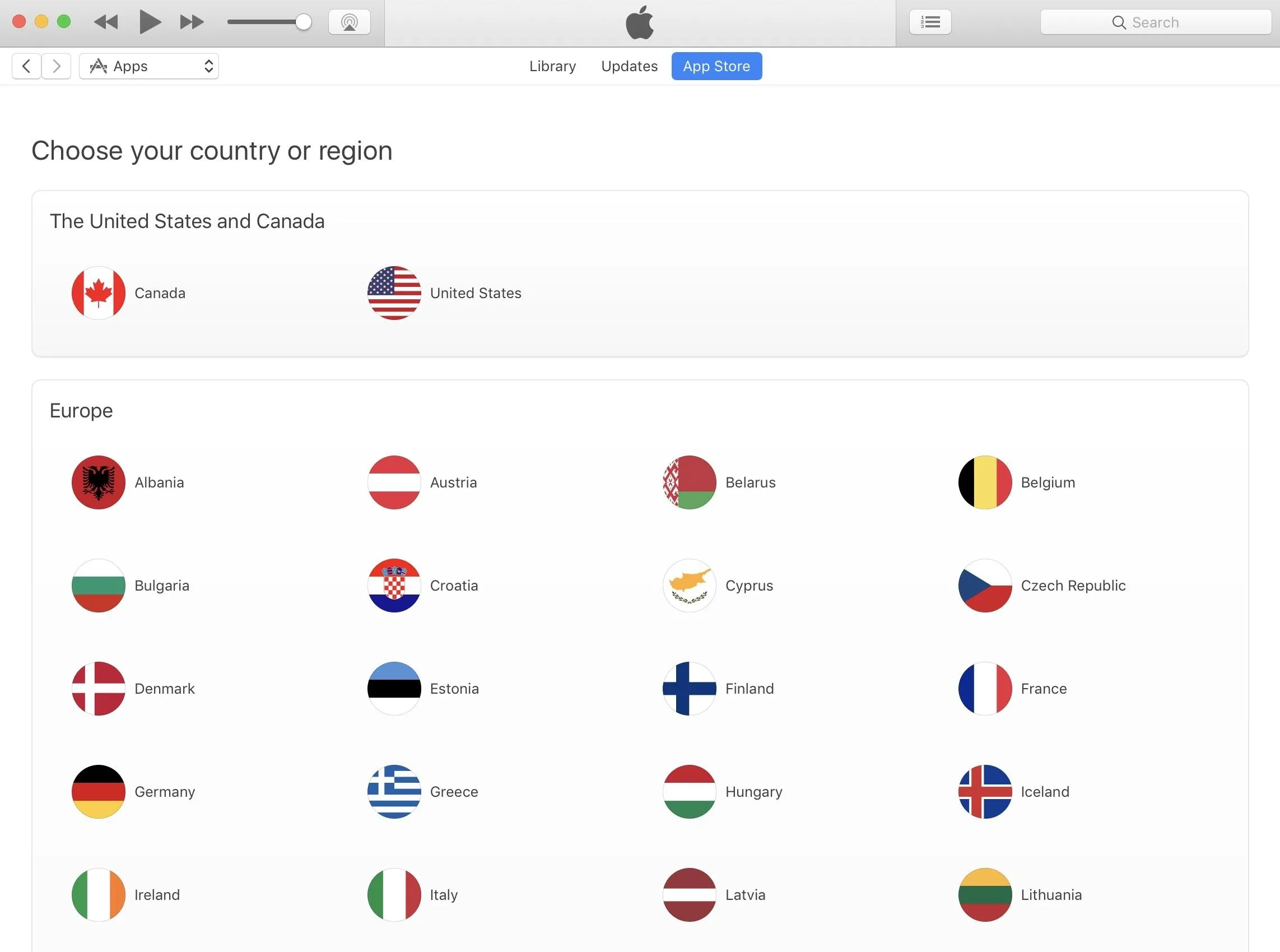 Selection screen for choosing a country or region on the Apple iTunes interface.