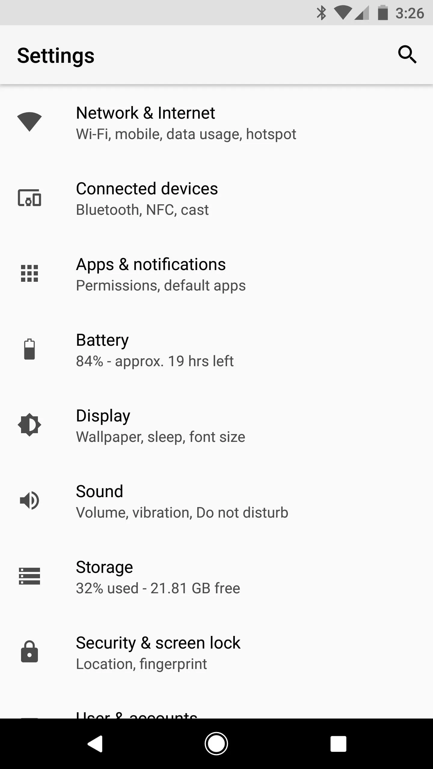 Settings menu on a mobile device showing network, connected devices, apps, battery, cast, sound, and security options.