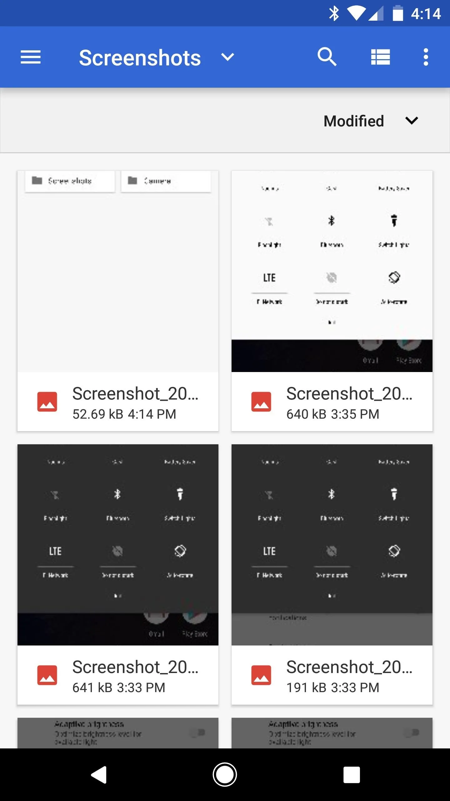 Screenshot of a mobile device displaying saved screenshots in a gallery view.