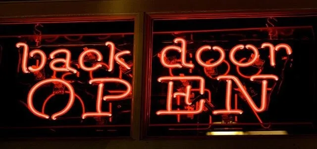 Neon sign indicating "back door OPEN"