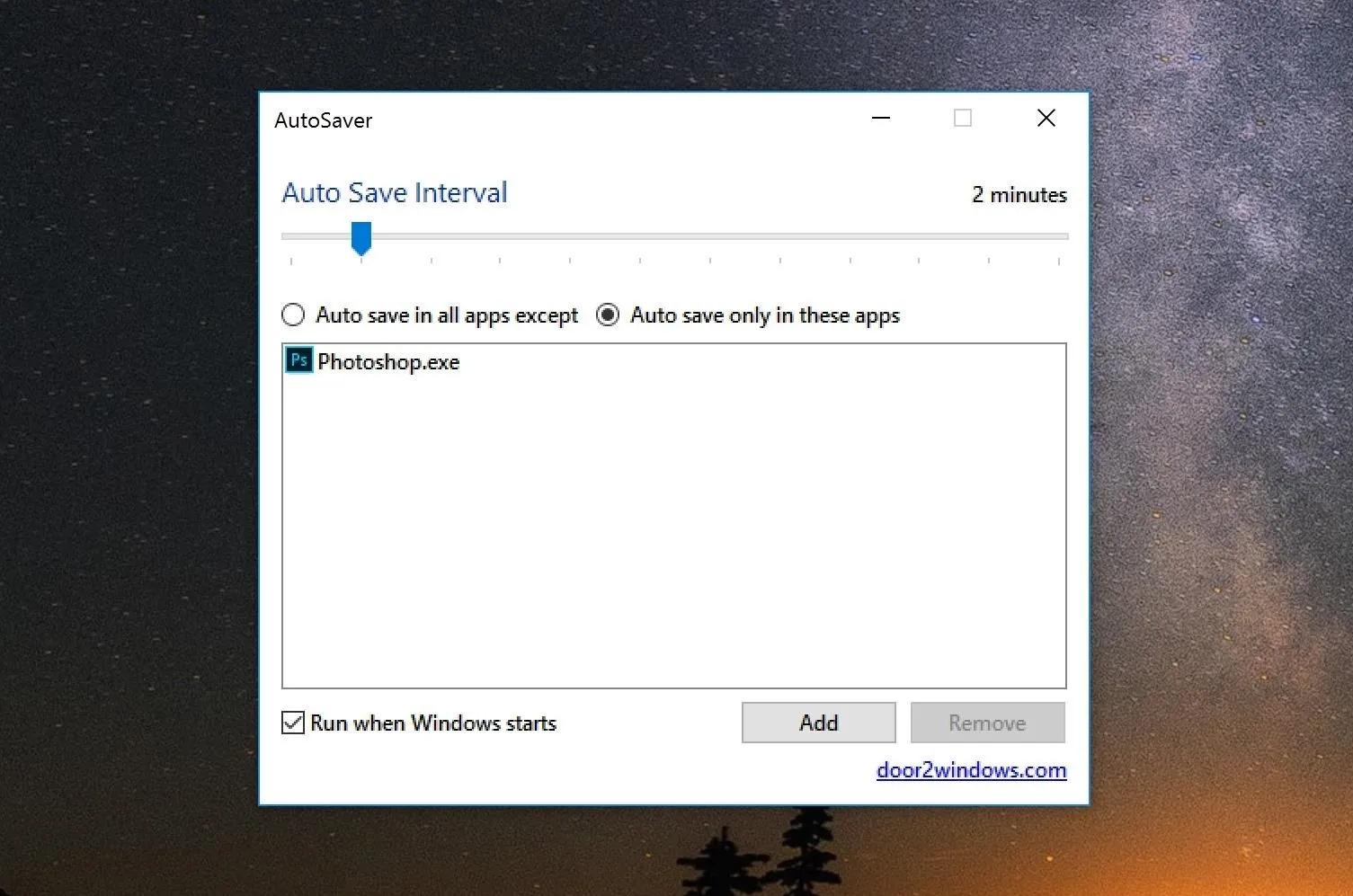 AutoSaver settings window for Windows applications.