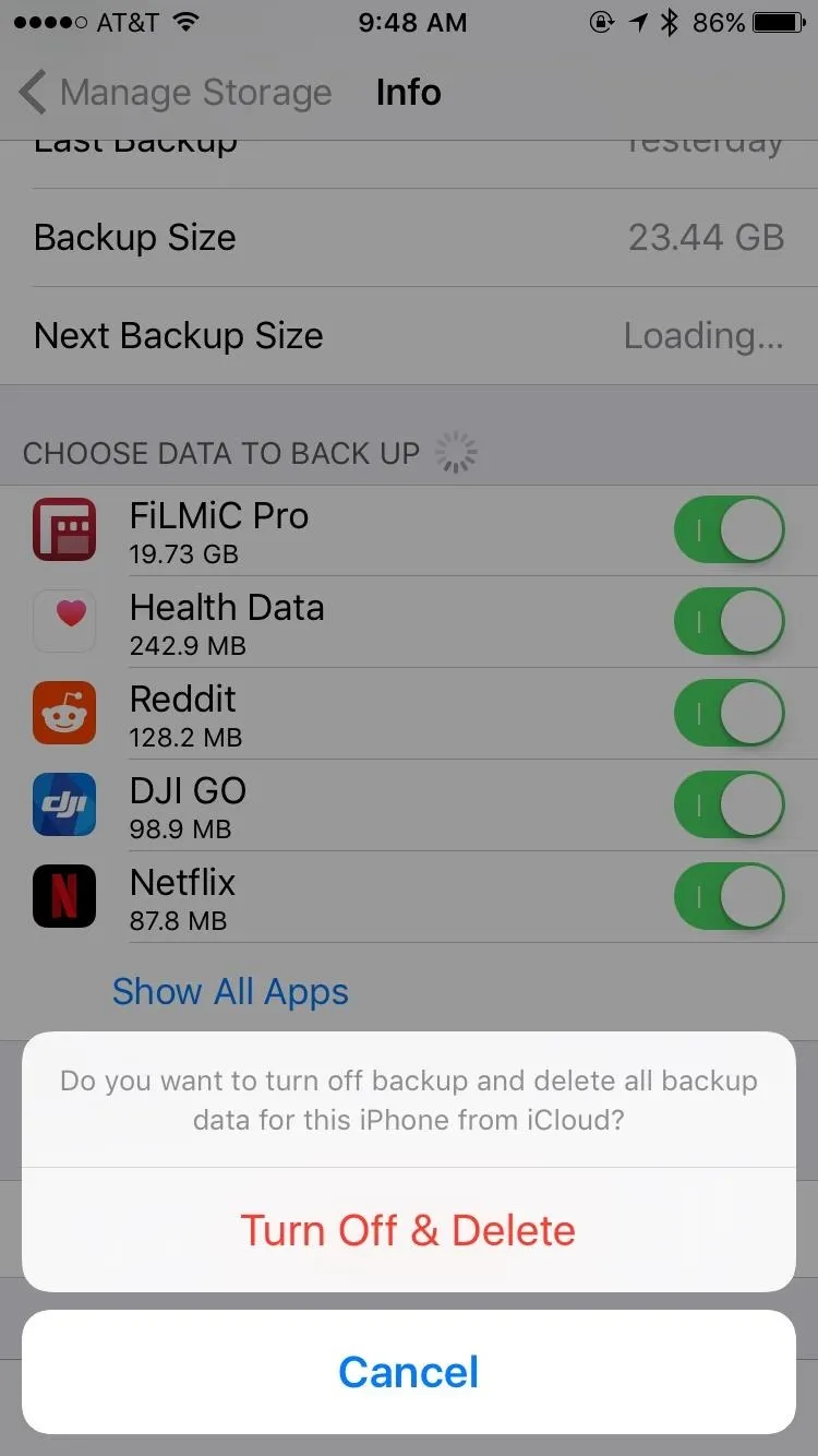 Backup settings screen on a smartphone, showing selected apps for backup and a prompt to turn off and delete backup options.