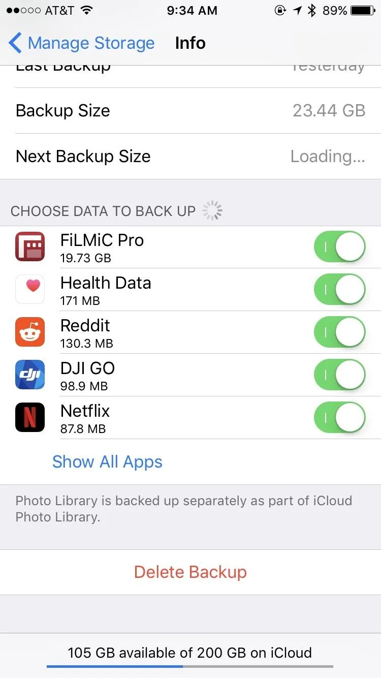Storage settings on a mobile device showing backup options for various apps.