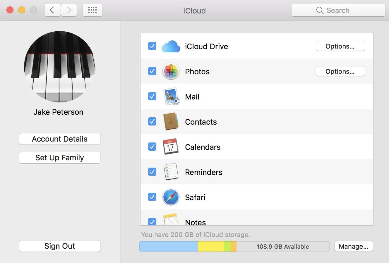iCloud settings menu on a Mac showing account details and options for various apps.