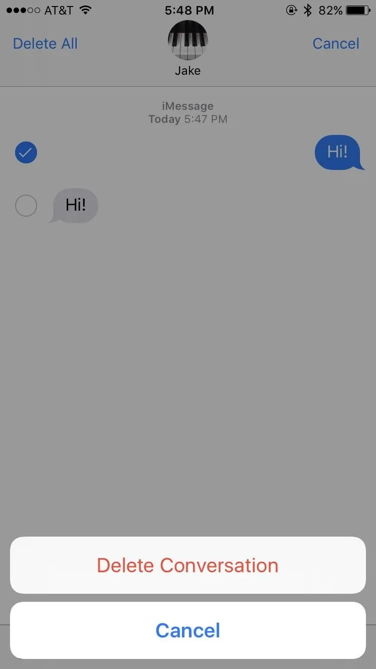Text message interface with options to delete a conversation or cancel.