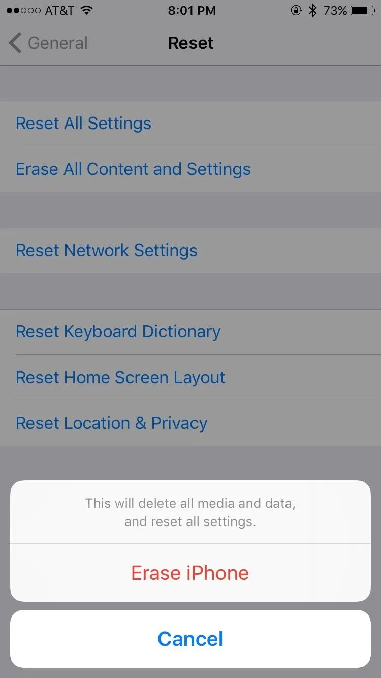 Settings menu for erasing iPhone data with options listed.
