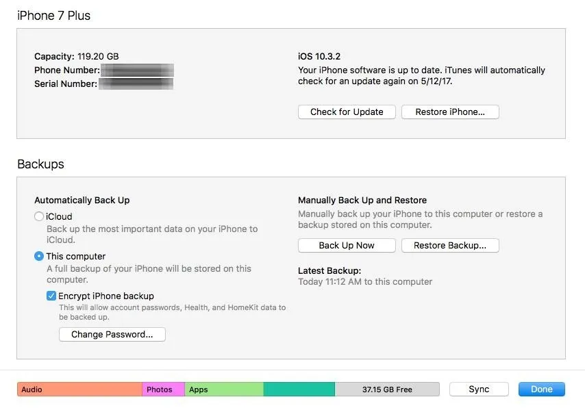 iPhone 7 Plus backup settings interface with capacity, phone number, and serial number sections.