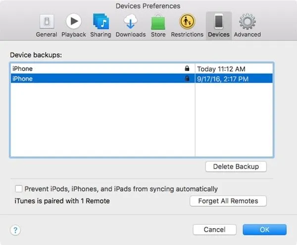 Device preferences screen displaying backup options for an iPhone, with options to manage backups and remote devices.