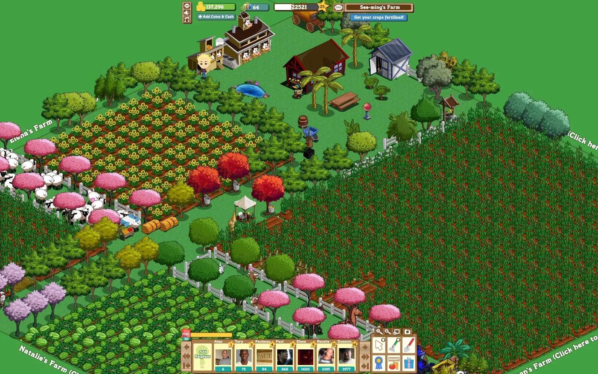 A vibrant farm landscape featuring various crops, trees, and buildings in a game-like setting.