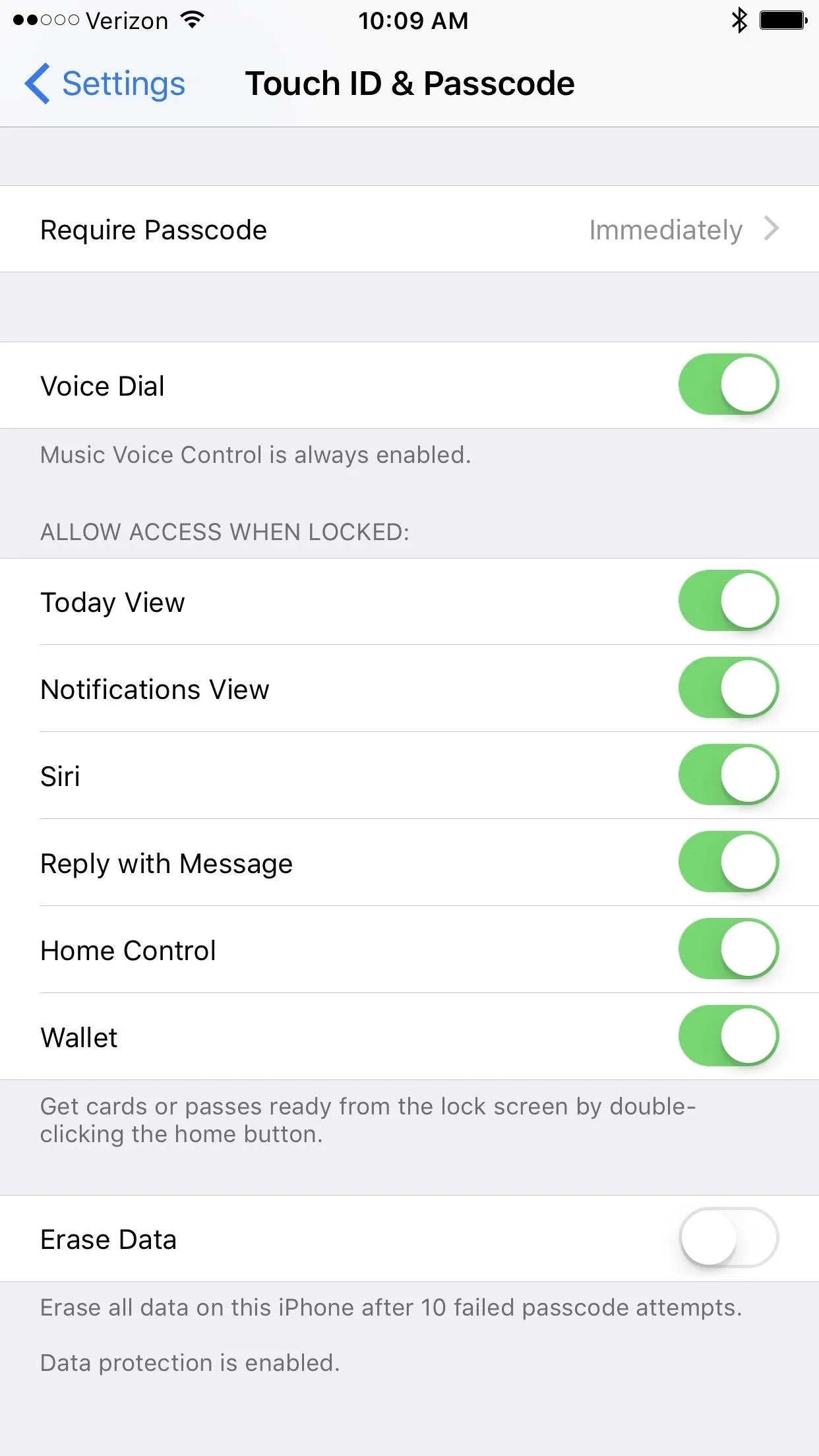 Settings menu for Touch ID and Passcode on an iPhone.