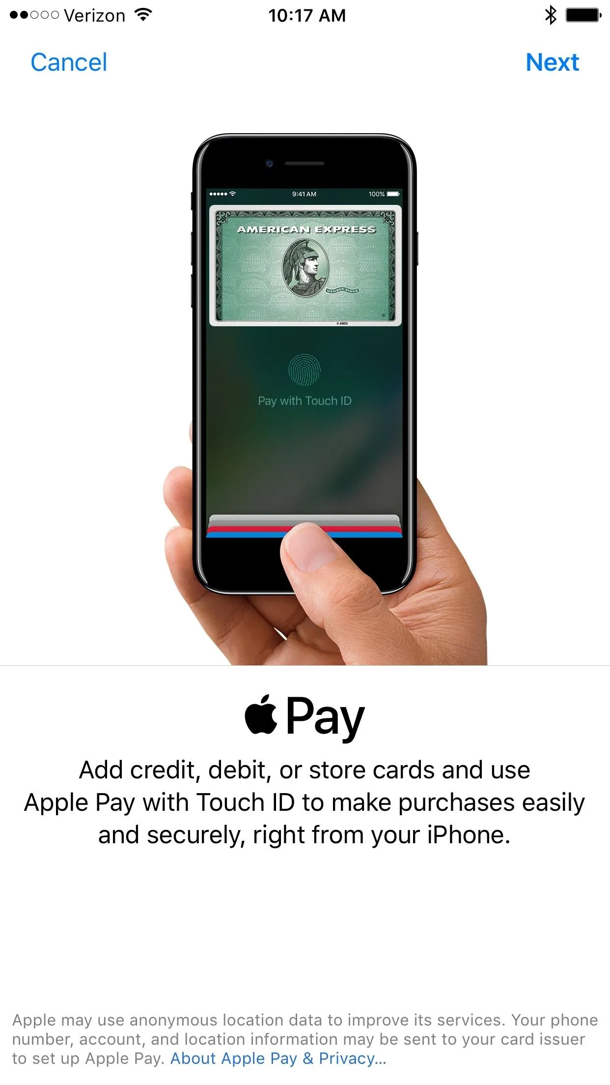 Apple Pay setup screen on a smartphone.