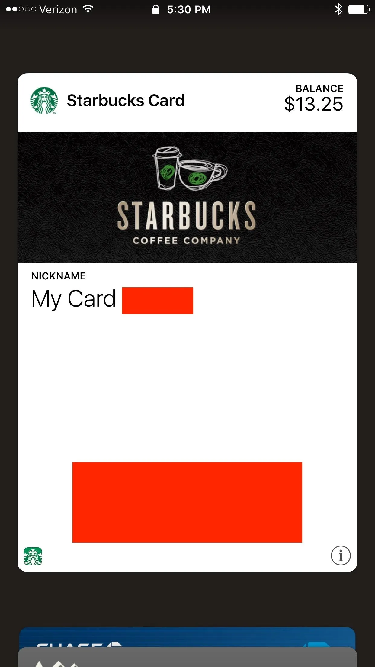 Starbucks card with a balance of $13.22.