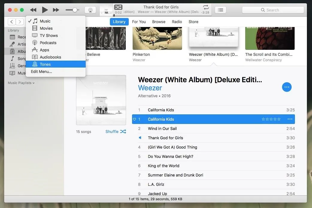 iTunes interface displaying Weezer's White Album tracklist.