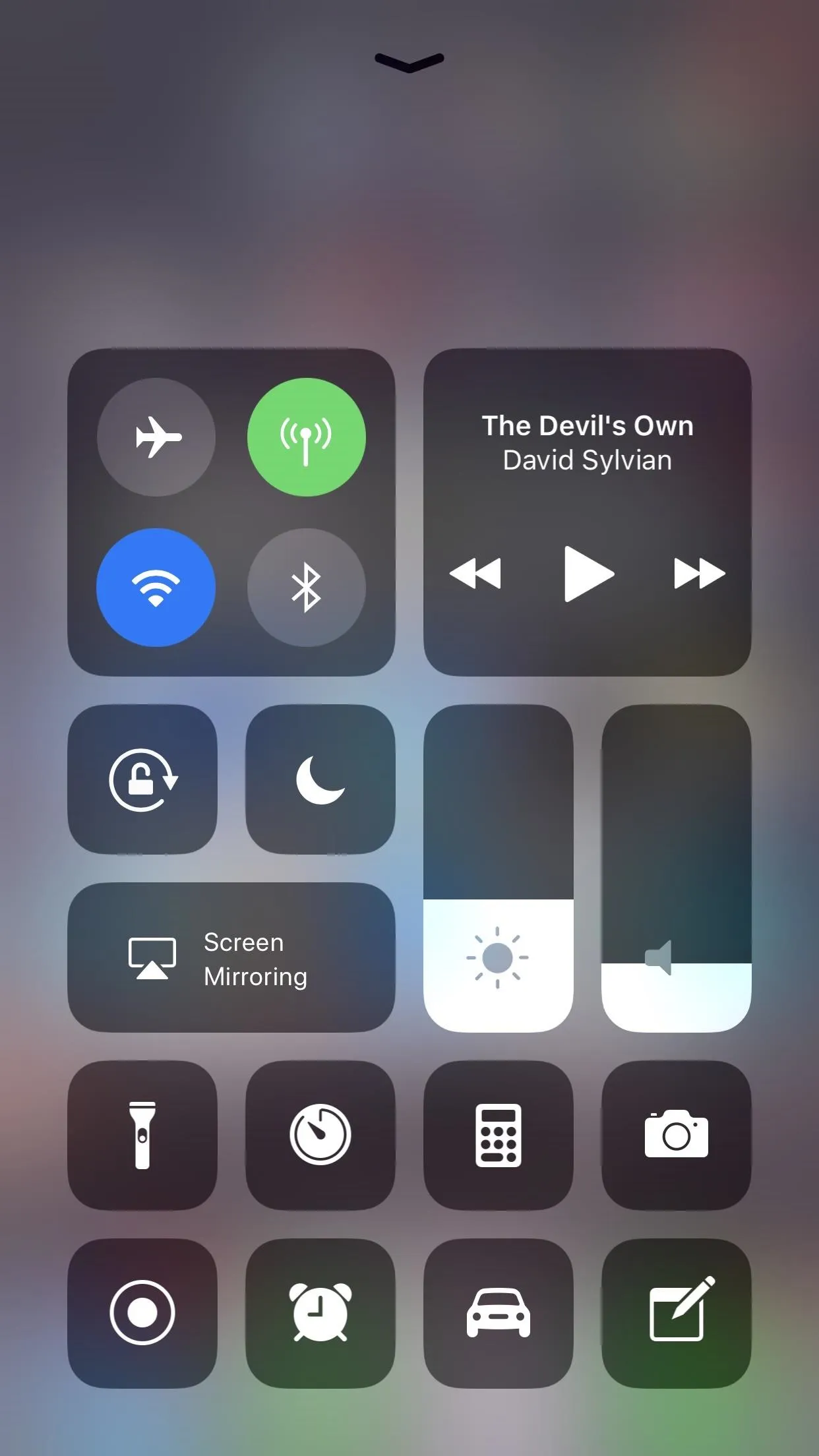 Control center interface of a smartphone displaying various settings options.