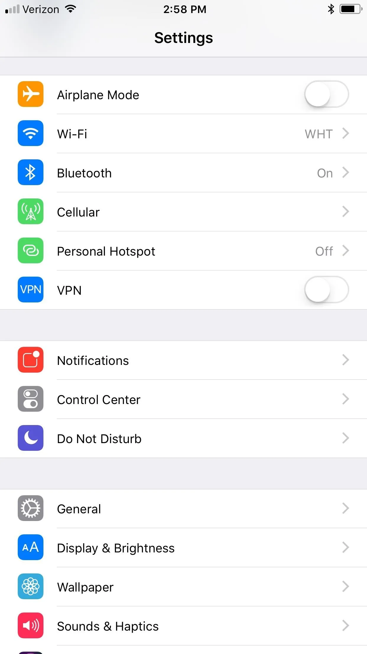 Settings menu on a smartphone displaying various options such as Airplane Mode and Wi-Fi.