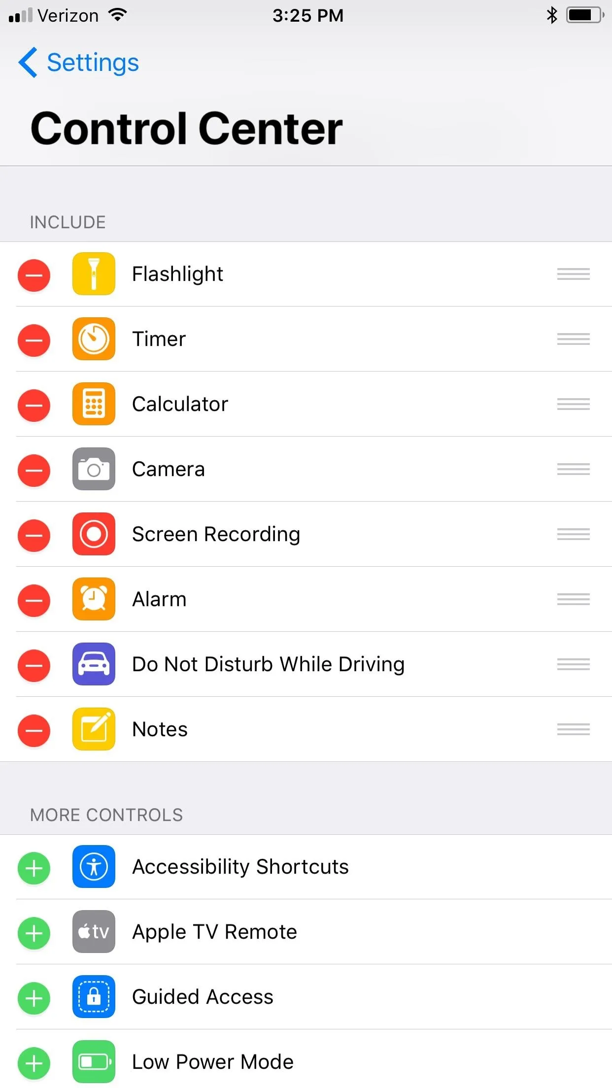 Control Center settings interface on a smartphone.