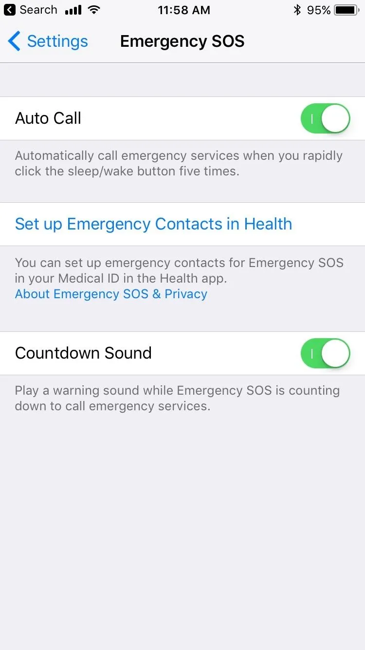 Emergency SOS settings on a smartphone.