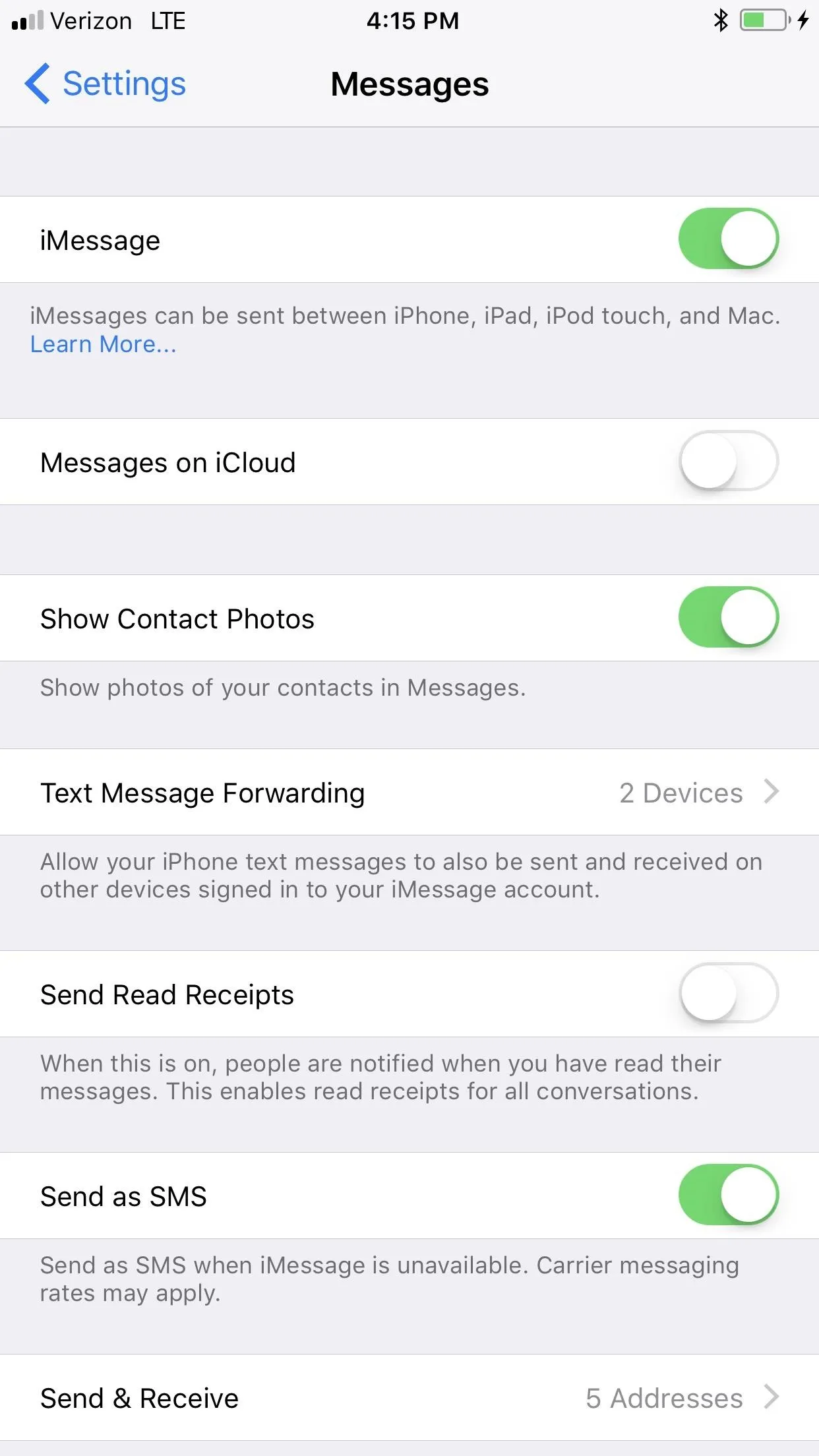 Settings for Messages on an iPhone, including options for iCloud, Send Read Receipts, and more.