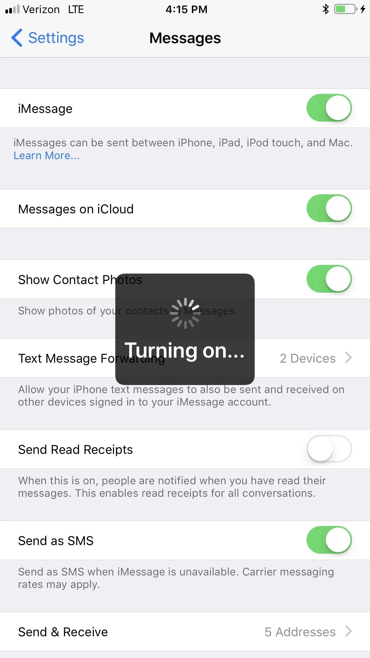 Settings menu for messaging app with a loading indicator.