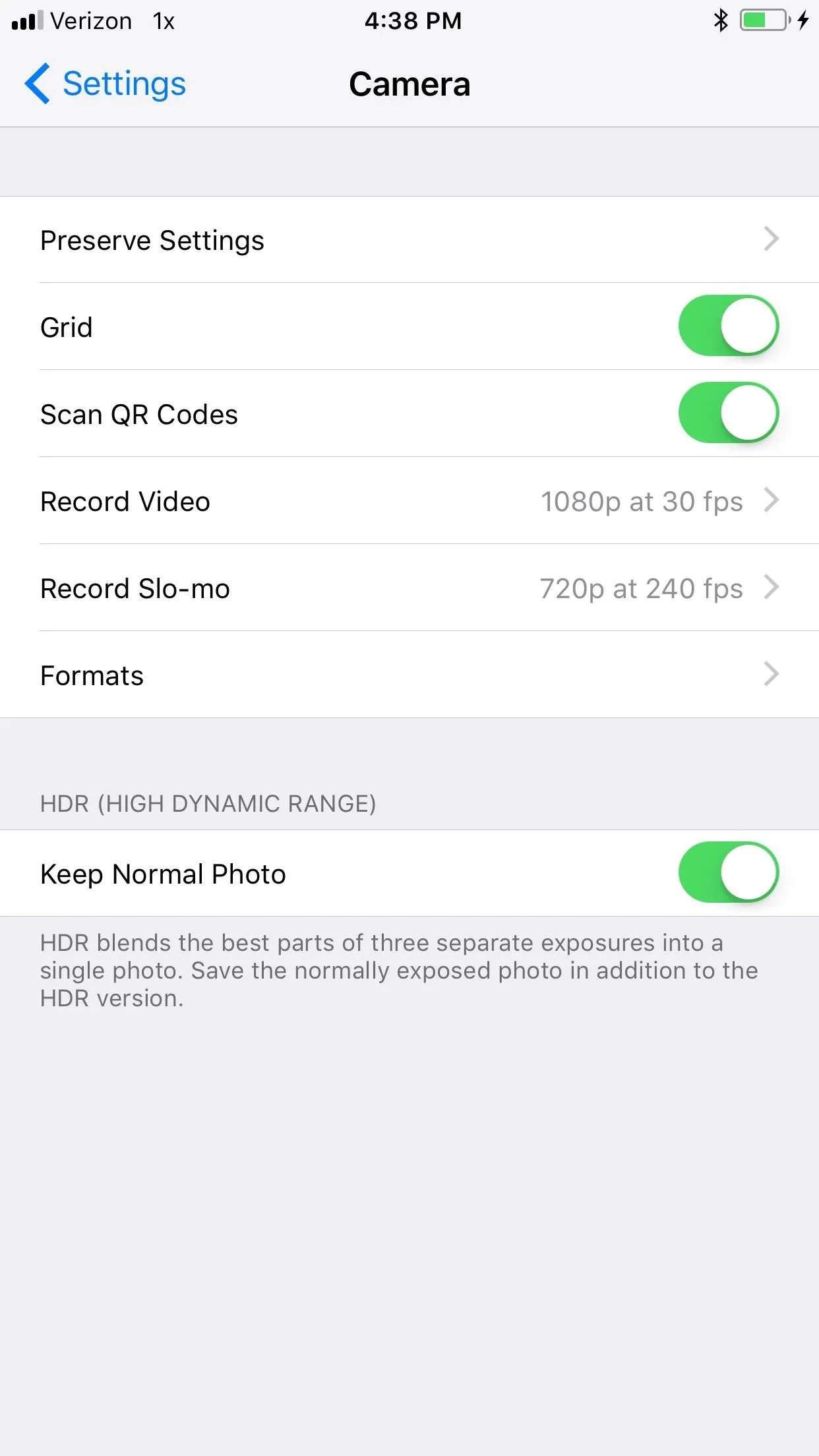 Camera settings menu on a mobile device.