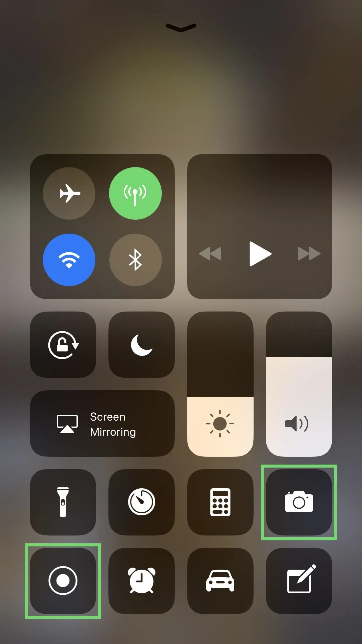 Control Center interface on a smartphone showing various settings and options.