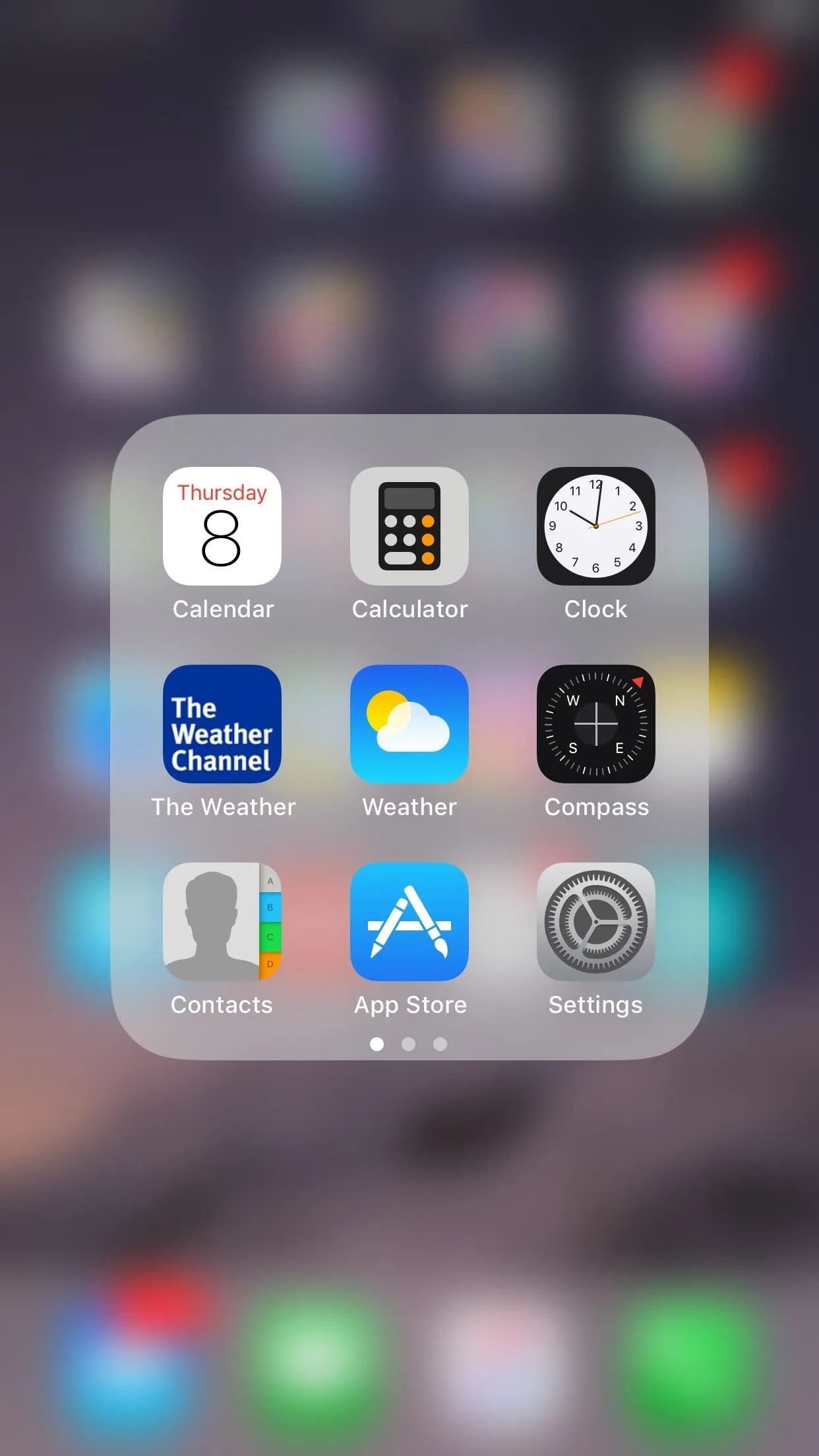 App folder containing weather, clock, contacts, app store, and other applications.