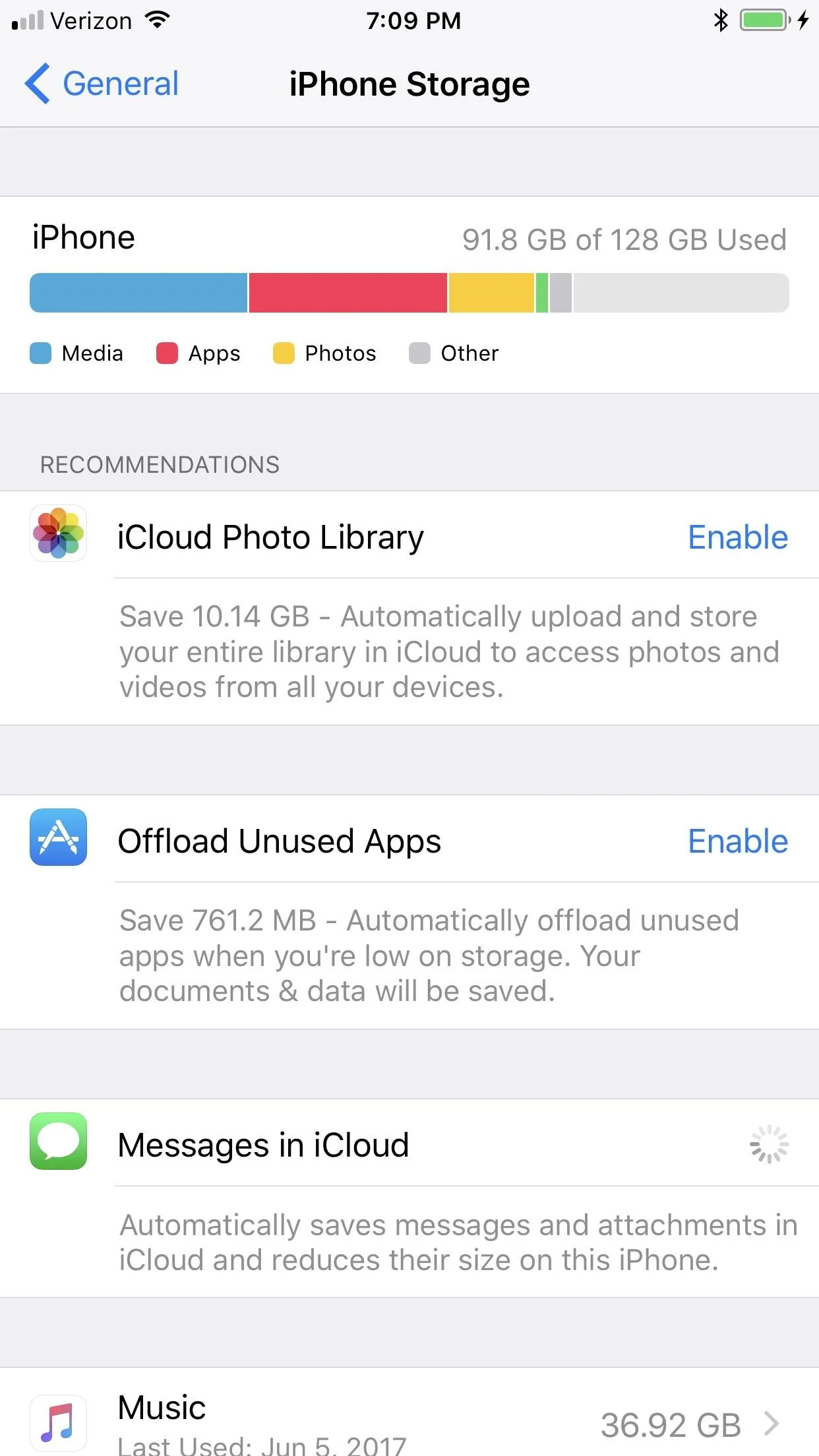 iPhone storage settings showing storage usage and options for iCloud and files.