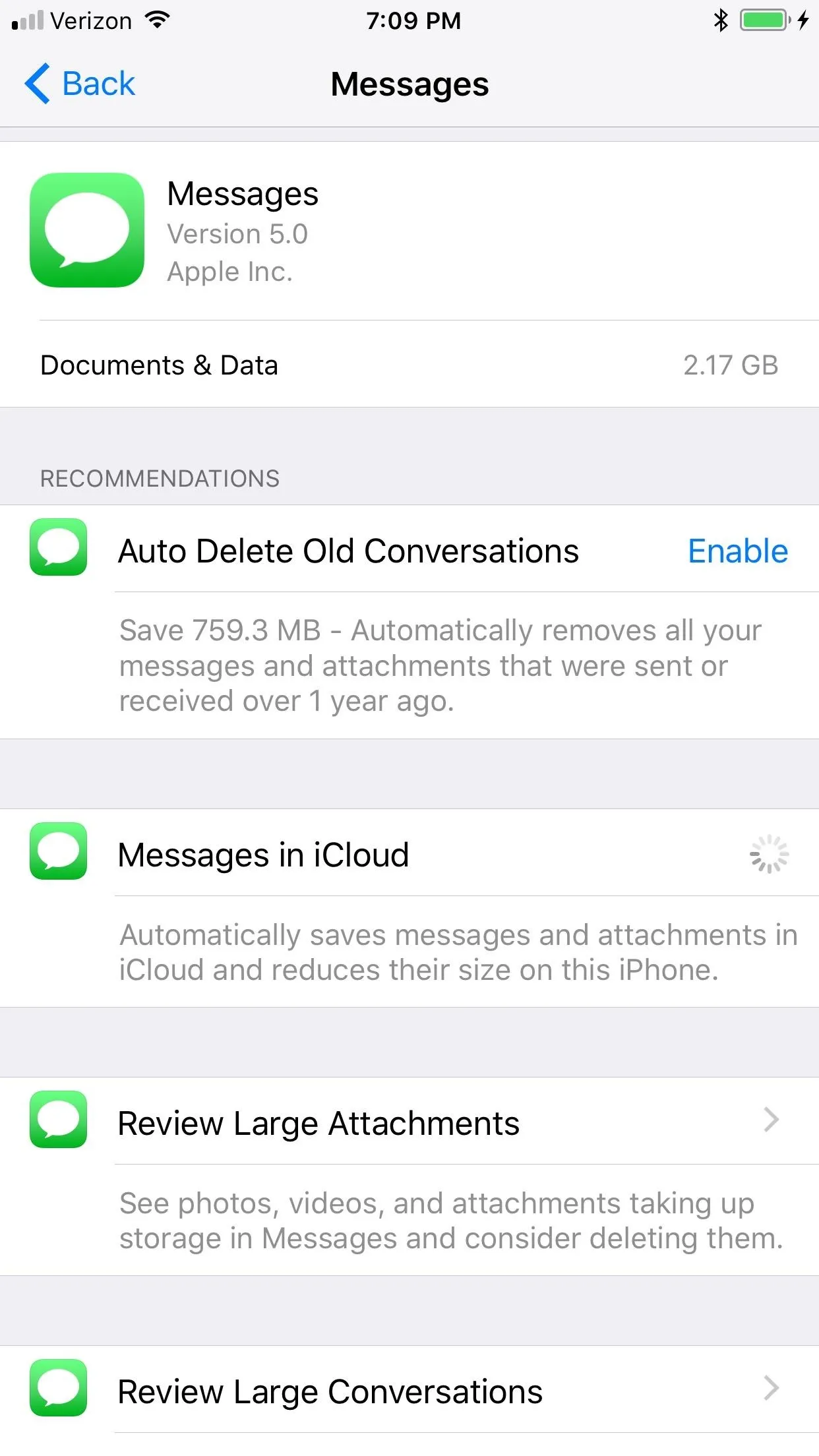 Messages app settings on a smartphone.