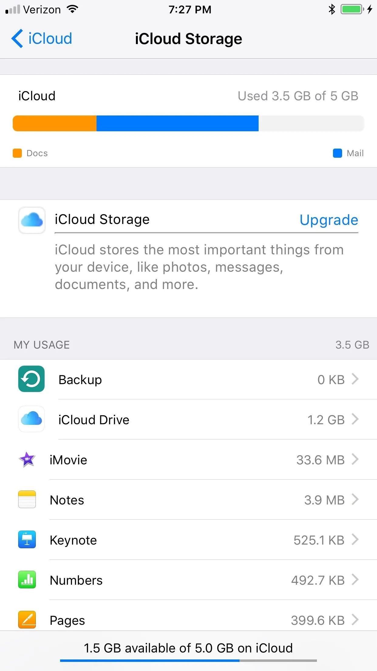 iCloud storage settings overview on a mobile device.