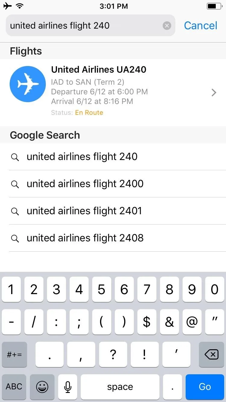 United Airlines flight search results on a mobile device