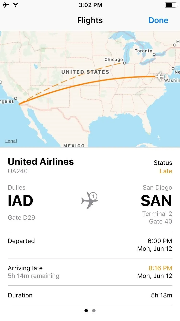 Flight information showing a United Airlines itinerary from IAD (Washington Dulles International Airport) to SAN (San Diego International Airport) with departure and arrival times.