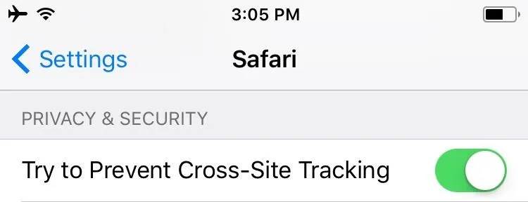 "Safari settings with 'Try to Prevent Cross-Site Tracking' toggle enabled."