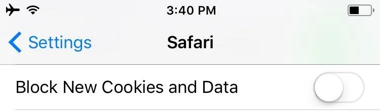 Safari settings screen showing the option to block new cookies and data.