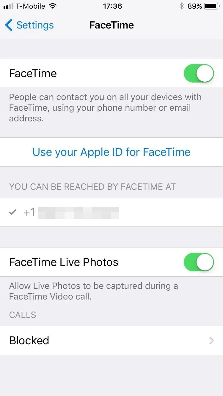 FaceTime settings screen on an iPhone.