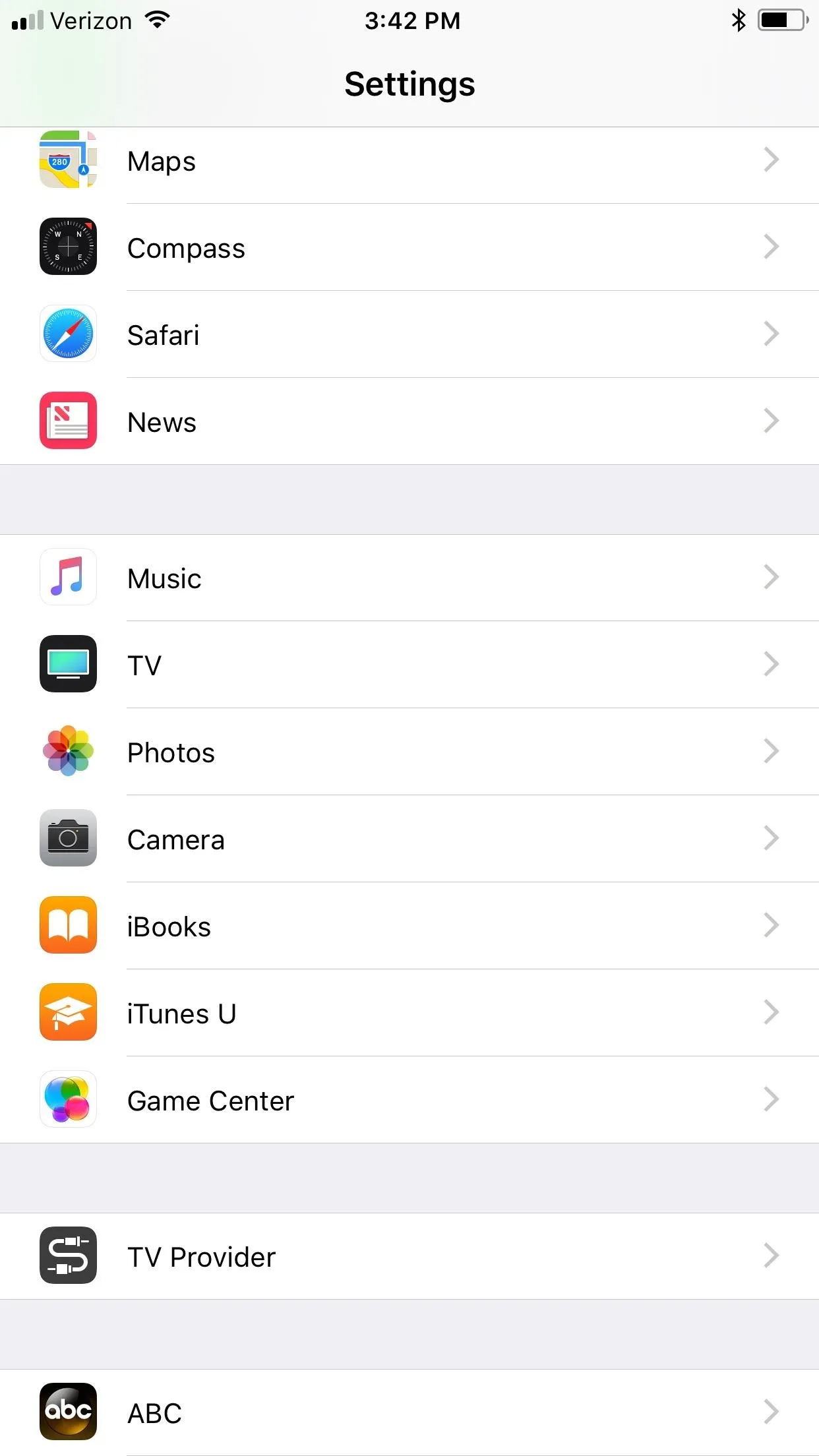 Settings menu on a smartphone displaying various app options.