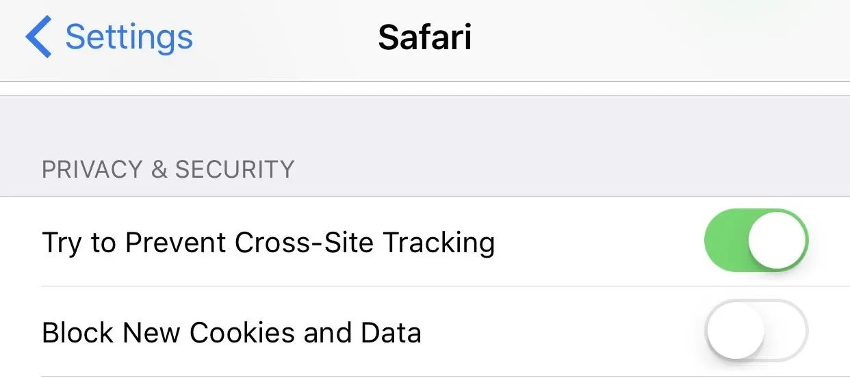 Safari privacy settings showing options to prevent cross-site tracking and block cookies.