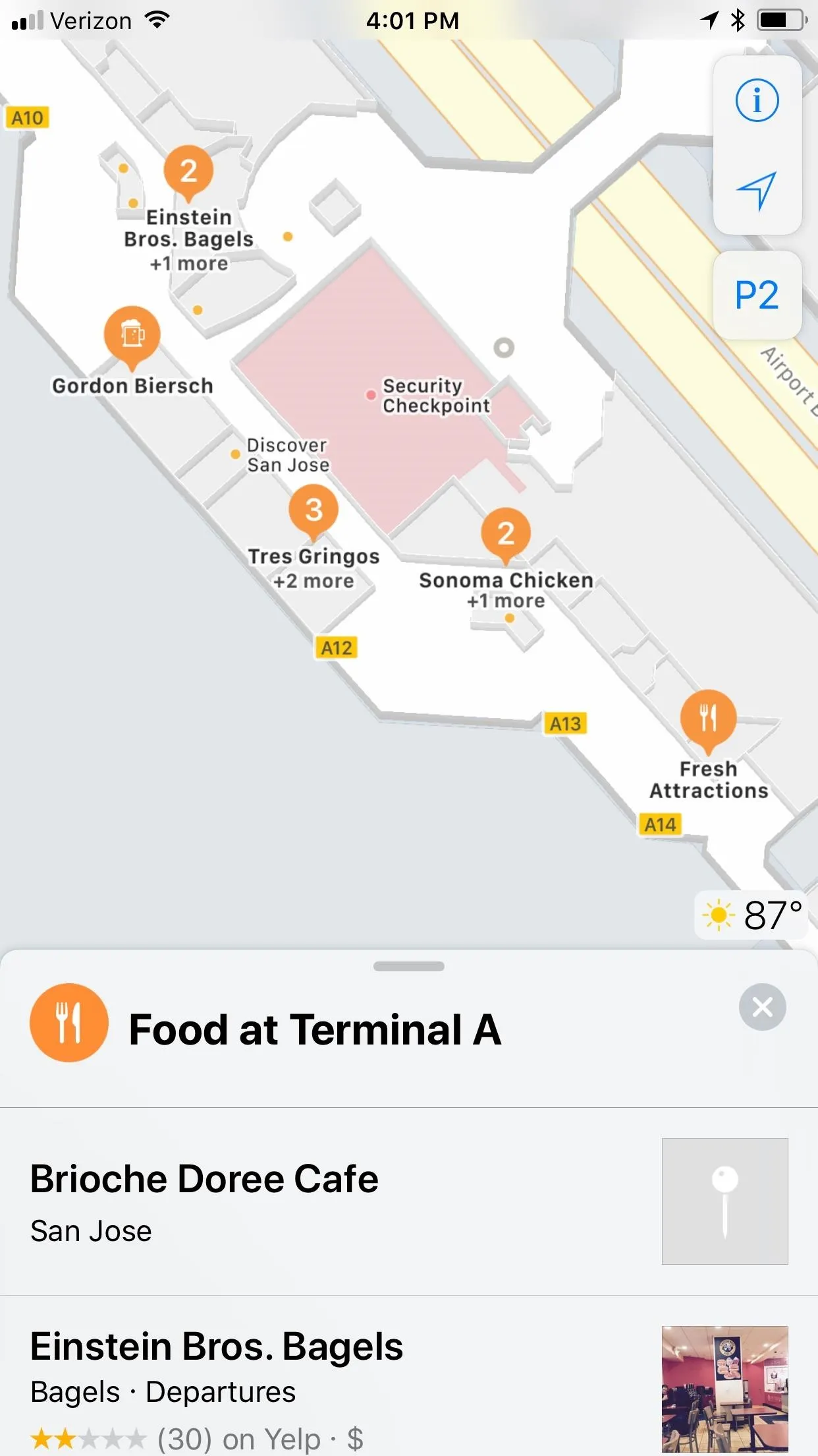 Food options at Terminal A, including various eateries and their locations.